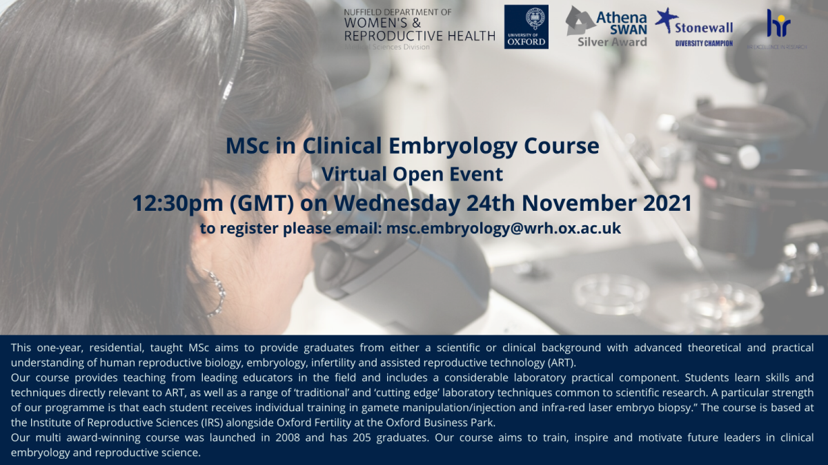 MSc in Clinical Embryology, Virtual Open Event: Wednesday 24th November 2021, 12:30 am GMT.