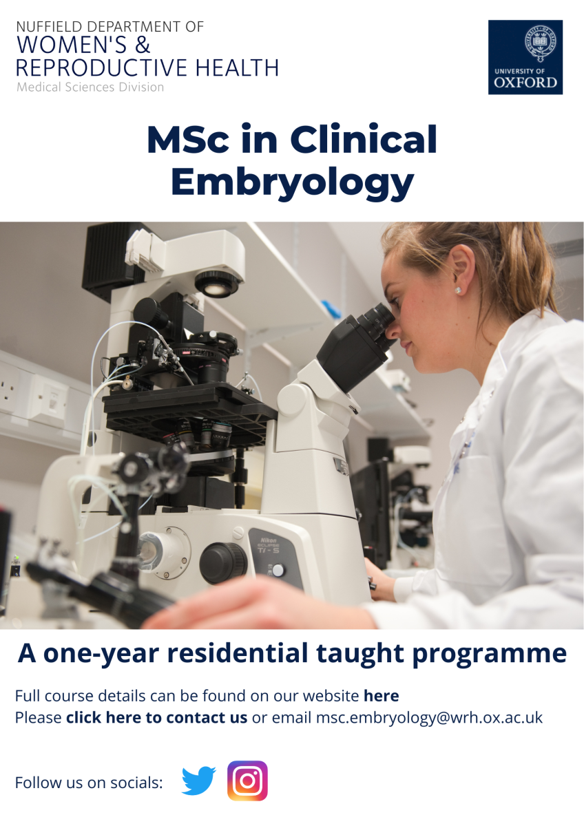 MSc in Clinical Embryology: Final deadline for entry in October 2022