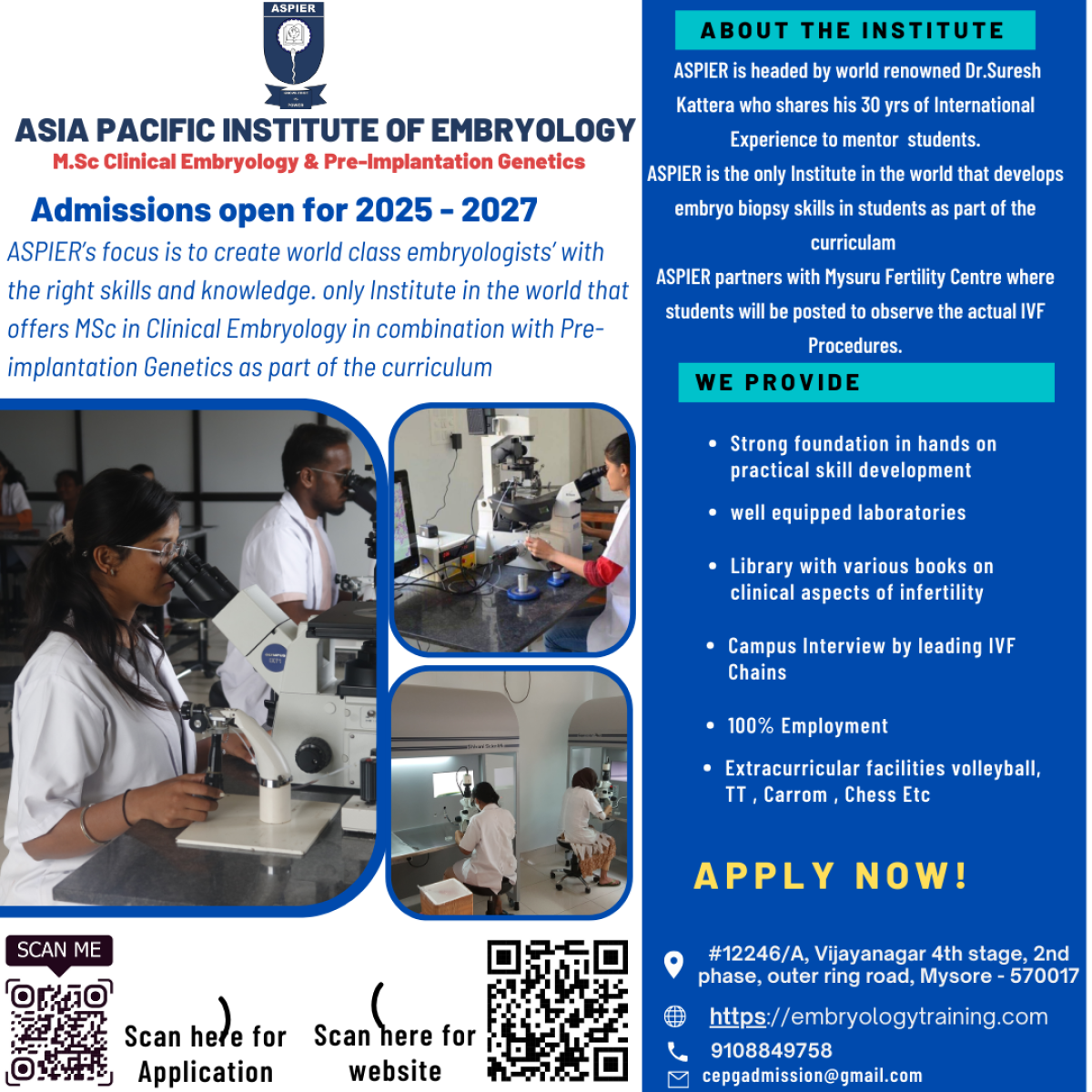 Admission Open 2025 for MSc ( Clinical Embryology & Pre Implantation Genetics